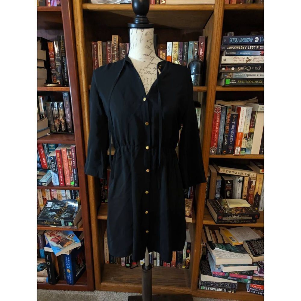 Amanda uprichard black silk button front dress elastic waist 3/4 sleeve sz s euc